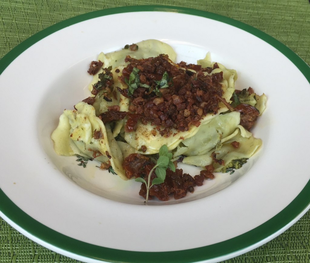 Spinach Ravioli, Sun-Dried Tomatoes and Pancetta Butter Sauce